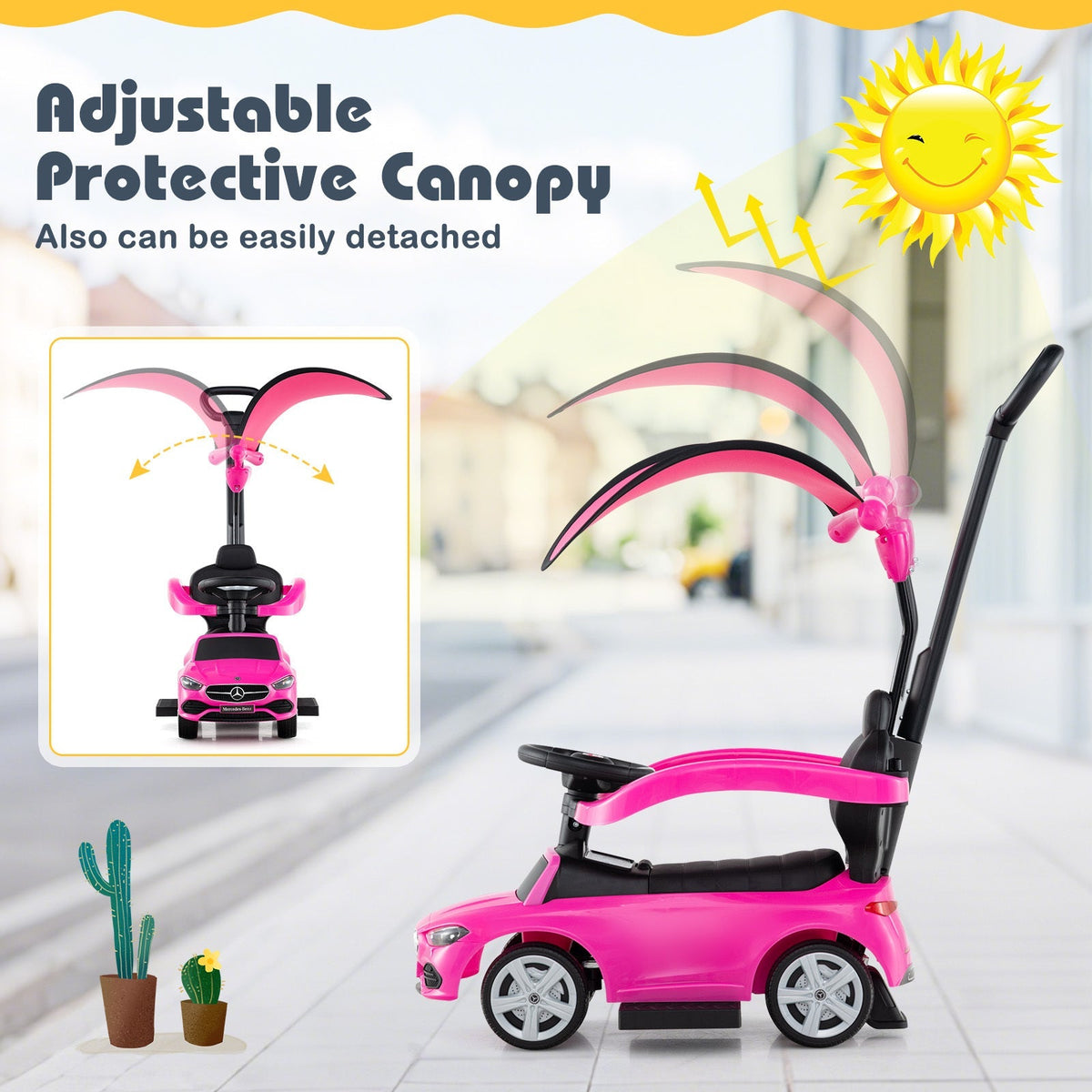 Voiture porteur 3-en-1 sous licence Mercedes-Benz pour tout-petits de 18 à 36 mois, voiture coulissante pour enfants avec volant sonore, barre de poussée, auvent réglable et rangement sous le siège - Cadeau de poussette trotteur rose