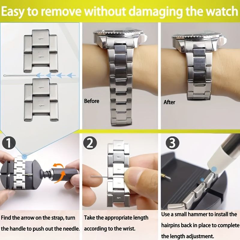 Kit de 15 outils professionnels pour le retrait de bracelets de montre – Chasse-goupilles en acier inoxydable avec socle en plastique, aucun assemblage requis, adapté au réglage et à la réparation de bracelets de montre à domicile