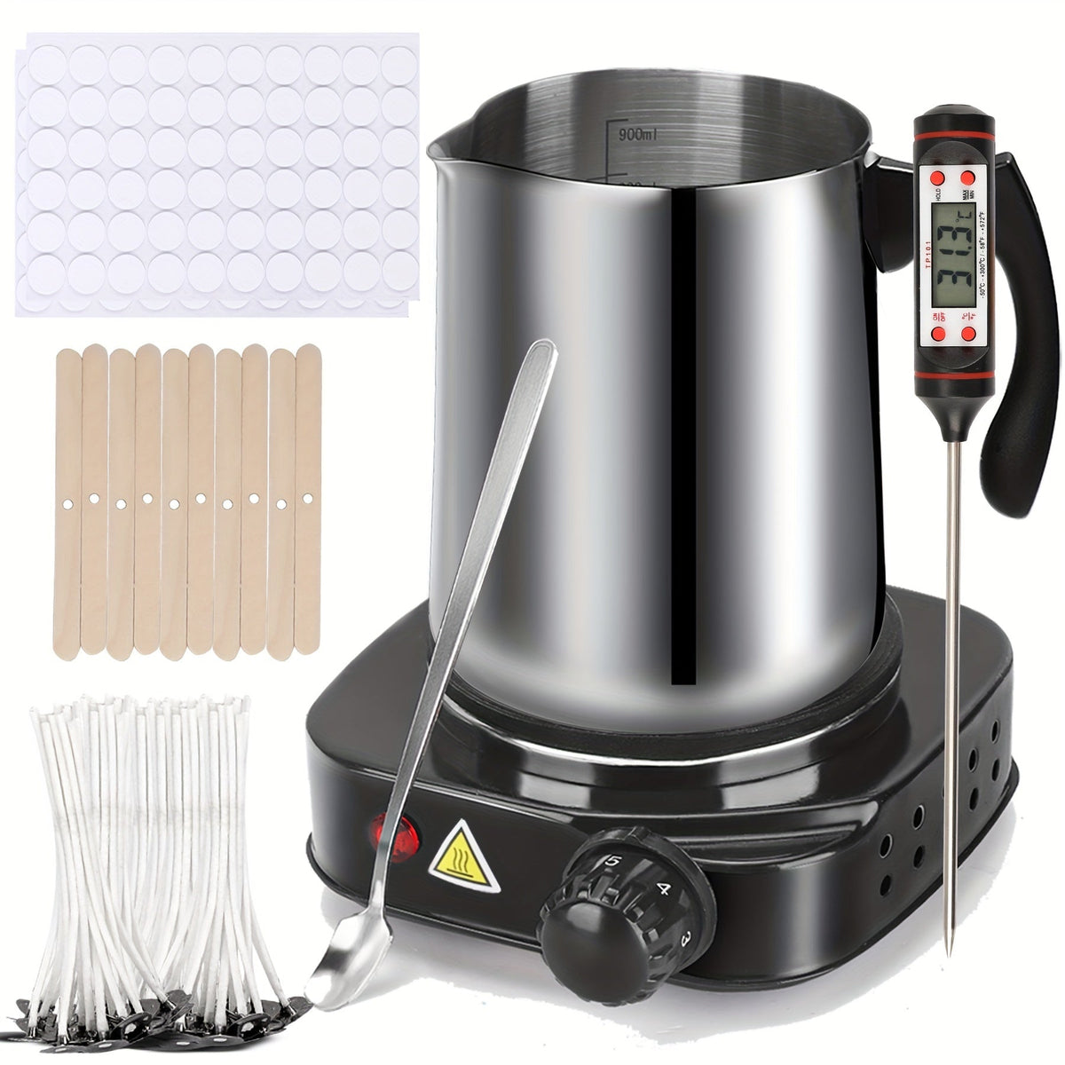 Kit de fabrication de bougies DIY complet avec fondoir à cire électrique, thermomètre, pot verseur de 30 oz, cuillère, mèches en coton, kit de démarrage tout-en-un pour adultes et débutants, fournitures de bougies maison en acier inoxydable 110V