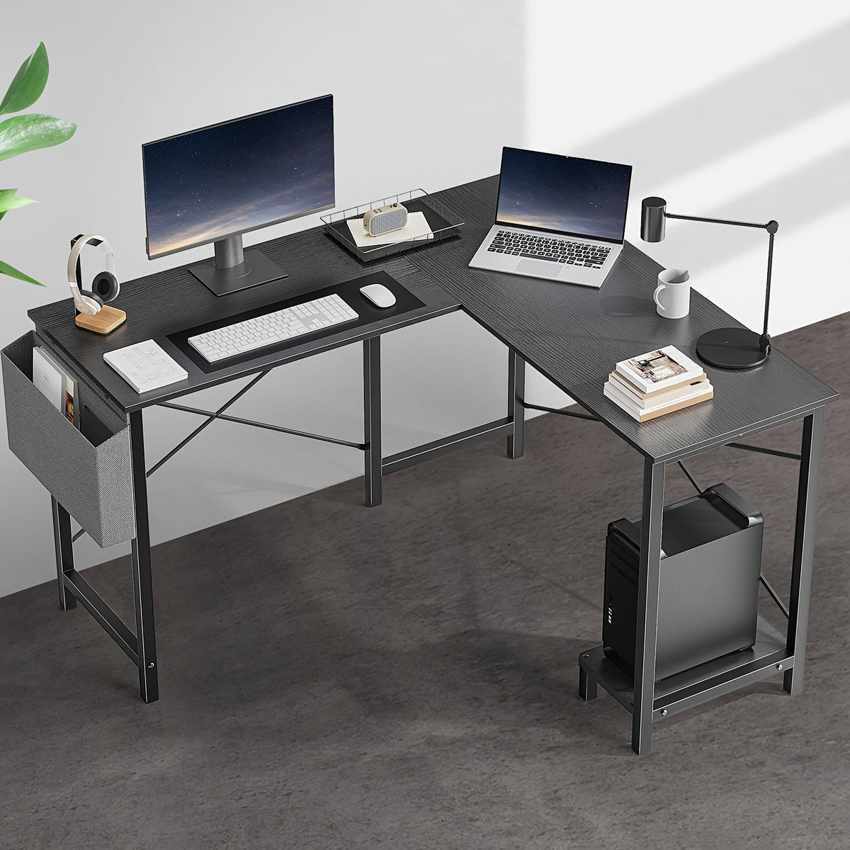 Bureau d'ordinateur en forme de L avec sac de rangement et étagères – Bureau d'angle réversible, poste de travail pour PC et ordinateur portable pour bureau à domicile, salle d'étude, bureau d'écriture peu encombrant