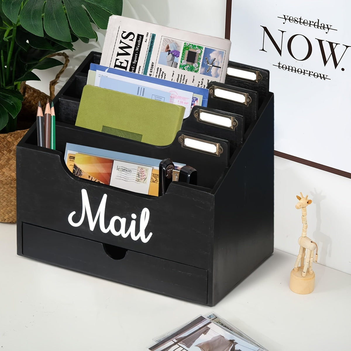 Grand organisateur de courrier de bureau en bois massif avec tiroir, 4 compartiments et séparateurs étiquetables pour dossiers, lettres et papier, organisateur de bureau pour bureau à domicile, étudiants et professionnels