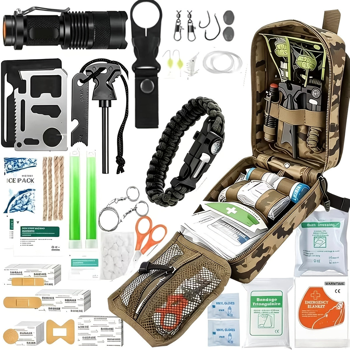 Kit de survie de 242 pièces – Équipement d'urgence en plein air avec allume-feu et trousse de premiers secours pour le camping, la randonnée, les voyages, la voiture et l'école, cadeau pour hommes et femmes, couleurs multiples
