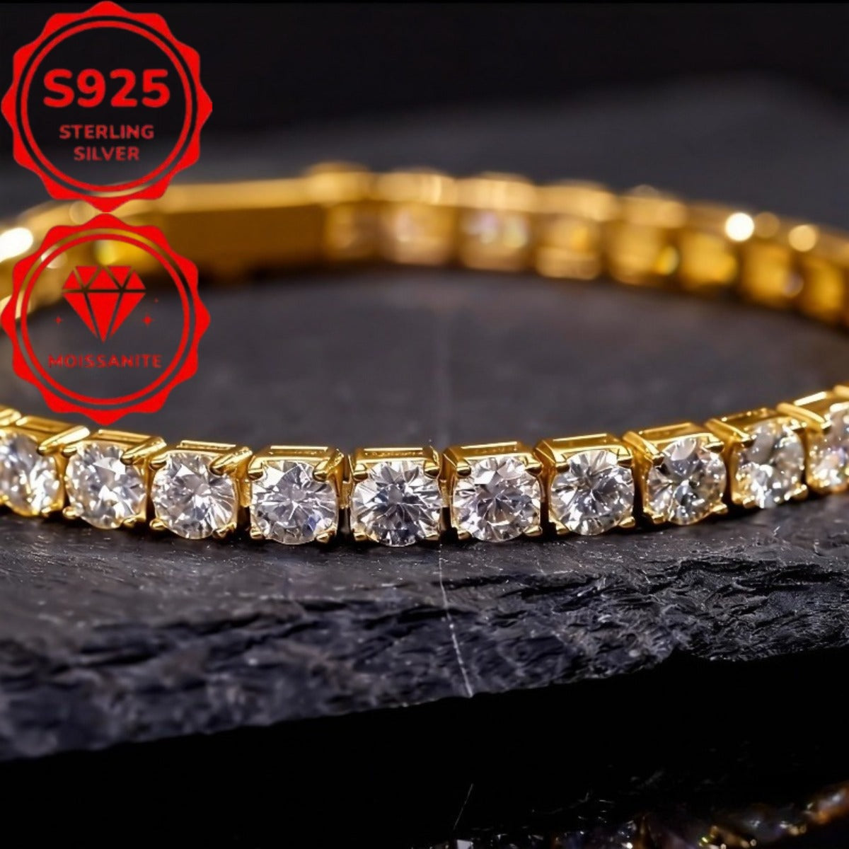 Bracelet tennis en argent sterling S925 et moissanite pour femme – Finition or taille brillante 4 mm, style français élégant, hypoallergénique, tailles 15 à 23 cm, cadeau parfait pour un mariage ou un anniversaire (7,71 g)