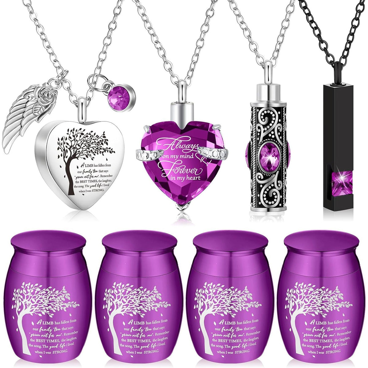 Lot de 8 petites urnes funéraires pour cendres – Ensemble de souvenirs en alliage avec pendentif médaillon en forme de cœur « Arbre de vie » pour hommes et femmes, cadeau commémoratif pour inhumation et crémation, 8 couleurs