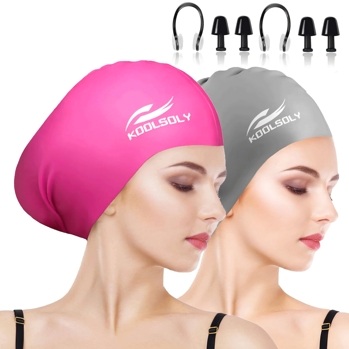 Lot de 2 bonnets de bain en silicone avec protection auditive pour cheveux longs – Inclut bouchons d'oreilles et pince-nez, ensemble de bonnet de bain étanche, 11 options de couleurs pour femmes, hommes et adultes