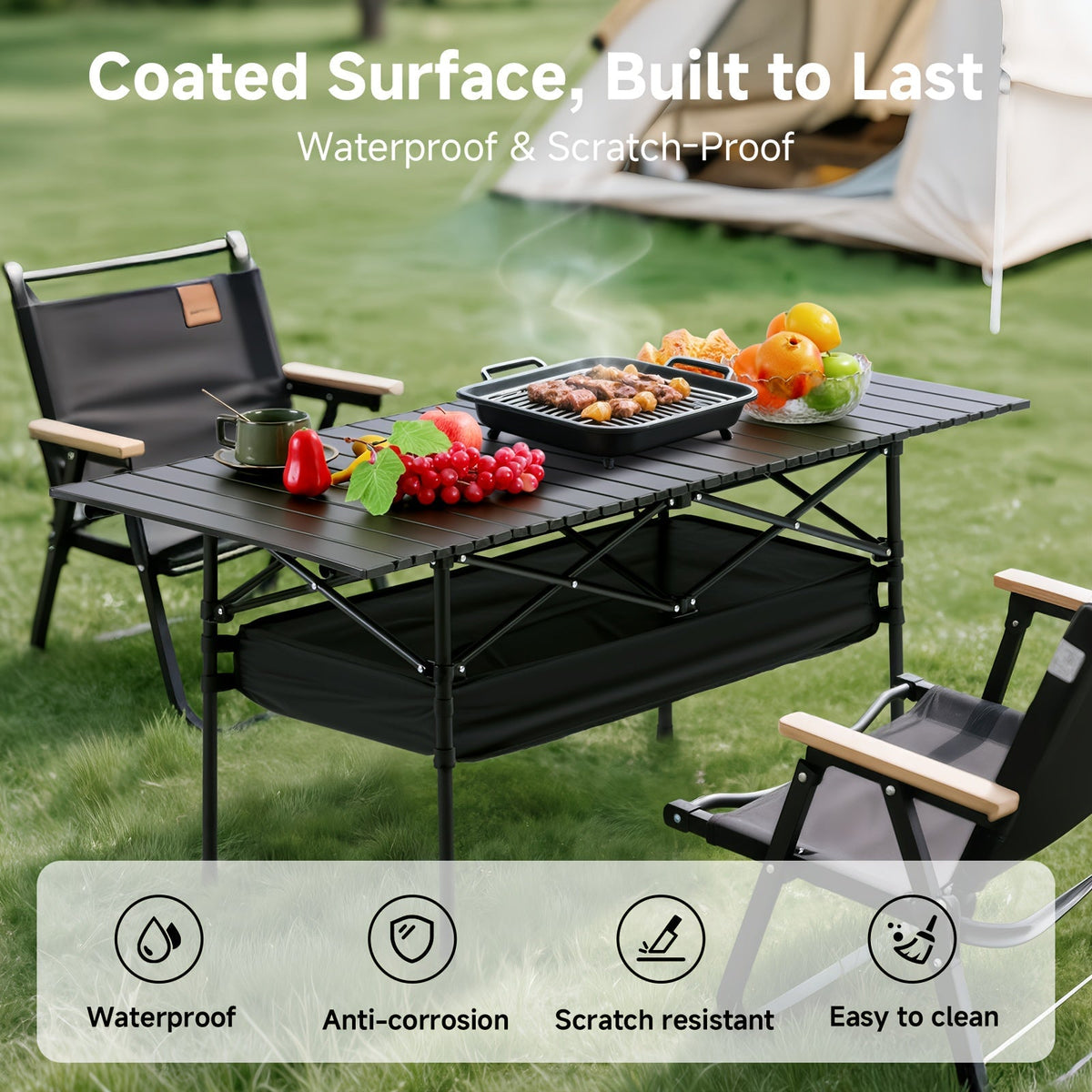Table de camping pliante portable en aluminium, légère, pour pique-nique en plein air, avec filet de rangement et sac de transport – Hauteur réglable 95 cm, facile à ranger, pour camping, plage, jardin, barbecue, fête et terrasse