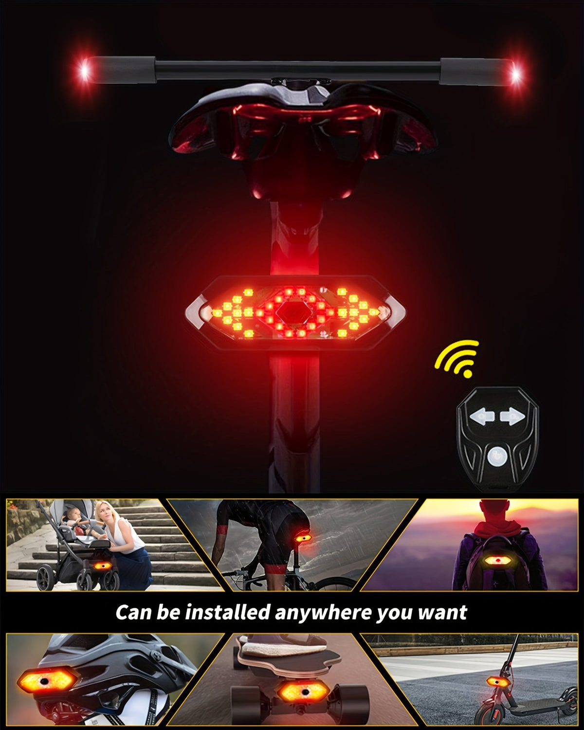 Feu arrière de vélo avec clignotants, rechargeable par USB, 120 lumens, 5 modes, télécommande sans fil, feu arrière de sécurité LED pour vélo de route, VTT, vélos de ville, adultes, enfants, hommes, femmes, cyclisme