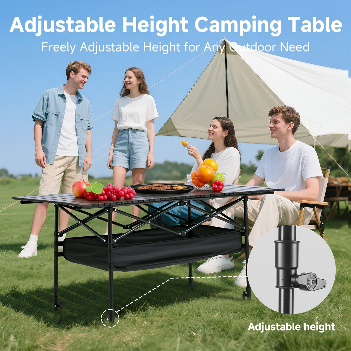 Table de camping pliante portable en aluminium, légère, pour pique-nique en plein air, avec filet de rangement et sac de transport – Hauteur réglable 95 cm, facile à ranger, pour camping, plage, jardin, barbecue, fête et terrasse