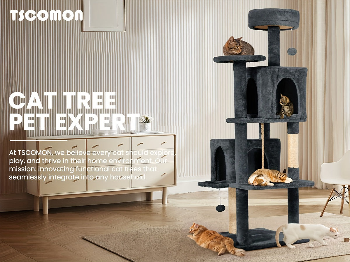 Arbre à chat multi-niveaux de 150 cm pour chats d'intérieur – Grand arbre à chat avec zone de repos en peluche, poteau à griffer en sisal et jouet à balle suspendue – Idéal pour chambre, salon et foyers multi-chats – Velora