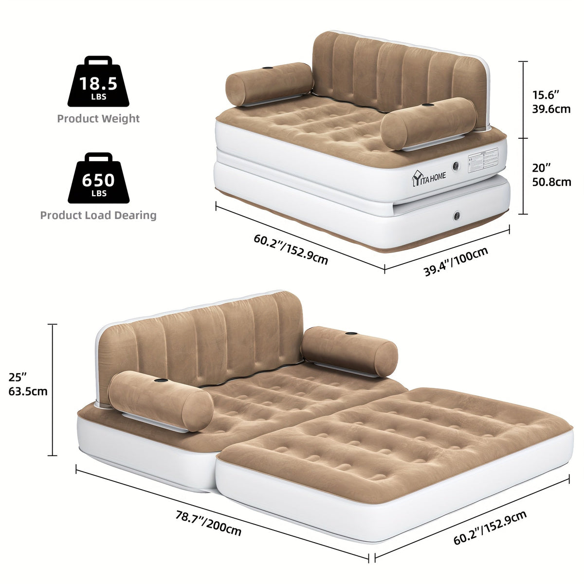 Canapé-lit gonflable 2-en-1 taille Queen – Canapé et matelas pneumatique portables avec tête de lit, porte-gobelets, pompe externe et sac de rangement, capacité de 200 kg pour la maison, le camping et les invités