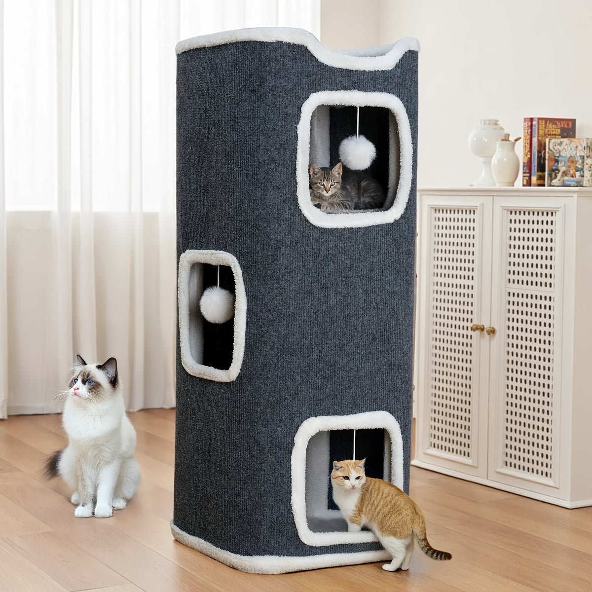 Arbre à chat pliable multi-niveaux pour chats d'intérieur – Griffoir, perchoir confortable, niche avec balle suspendue, refuge, panier douillet, options 1/3/4 étages