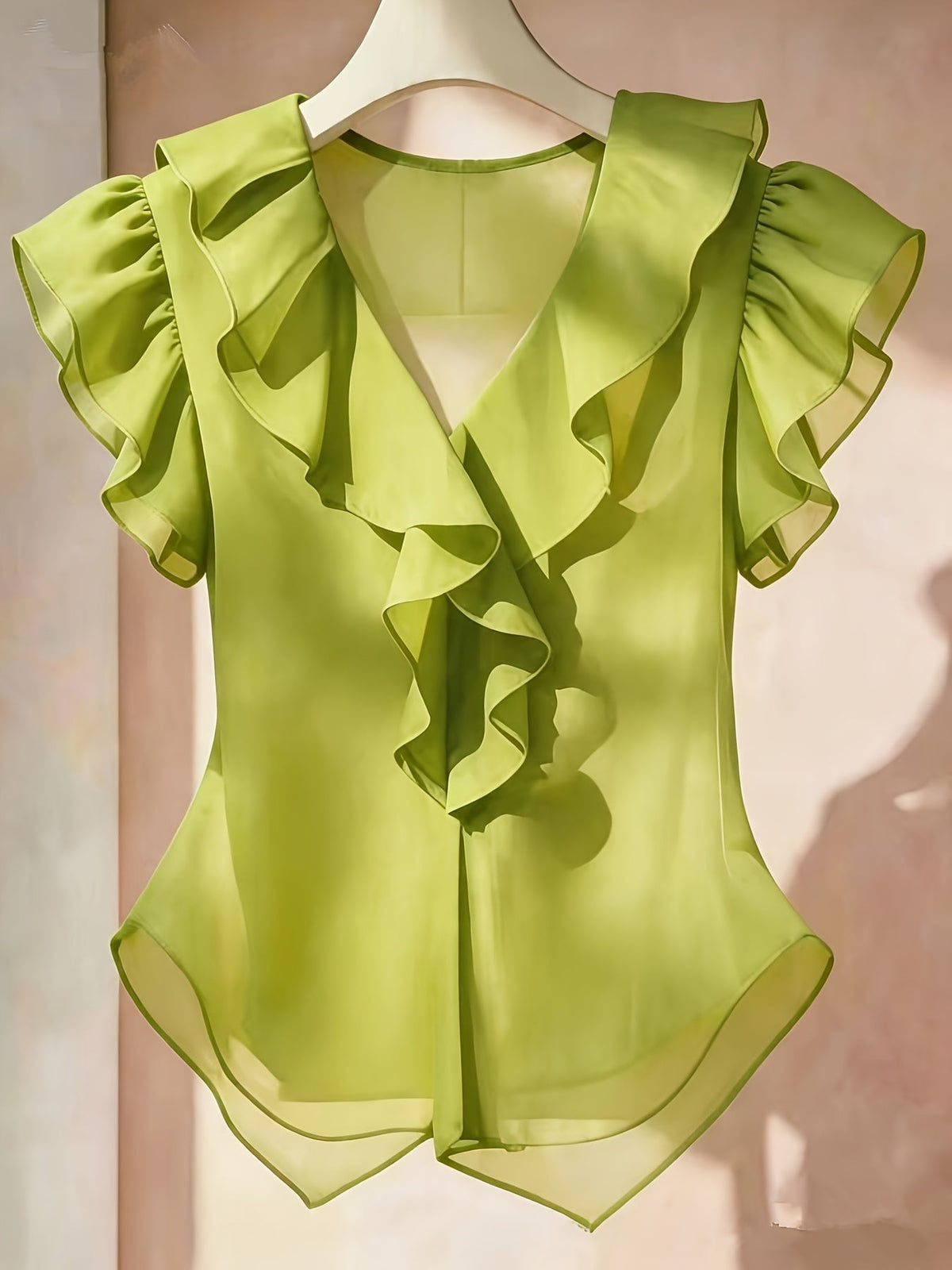 Haut femme en mousseline à manches courtes et volants – Chemisier d'été décontracté coupe évasée, couleur unie, disponible en 21 coloris, 100 % polyester tissé