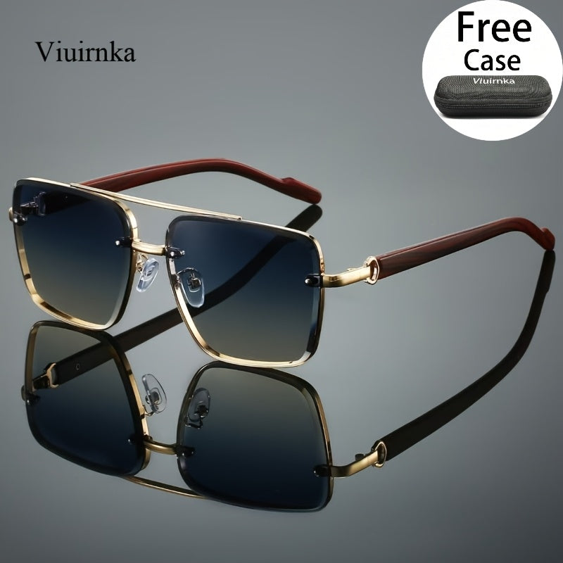 Lunettes de mode carrées avec branches effet bois pour hommes et femmes – Lunettes de soleil unisexe rétro à double pont avec verres dégradés pour la conduite, le voyage, la photographie de rue, cadeau avec étui
