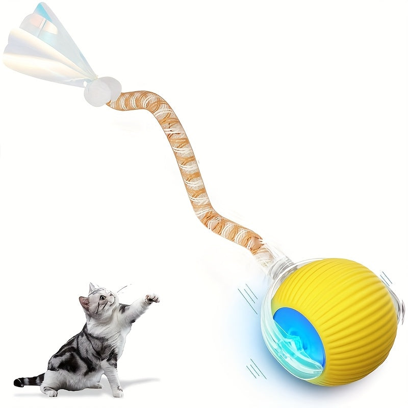 Interactive Cat Ball Toy with Elastic Net Tail, Automatic Moving Electric Ball Toy for Cats - Motion Activated, Obstacle Avoidance, Works on Floors Tiles Carpets, USB Rechargeable Smart Cat Toy