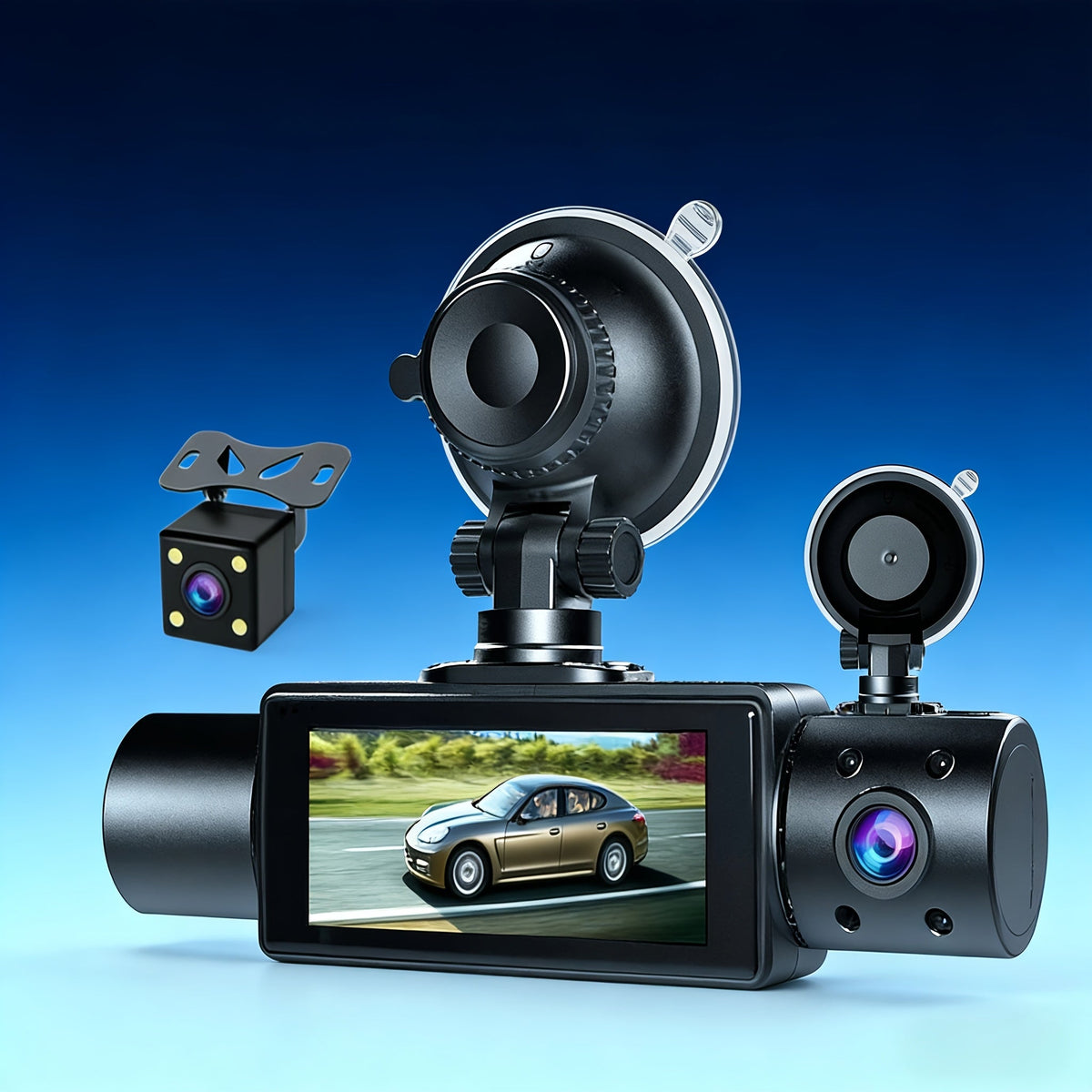 Dashcam 3 canaux avec vision nocturne infrarouge et application smartphone – Caméra avant, arrière et intérieure avec enregistrement en boucle, objectif grand angle, carte mémoire 64 Go/512 Go en option pour voitures, camions et covoiturage