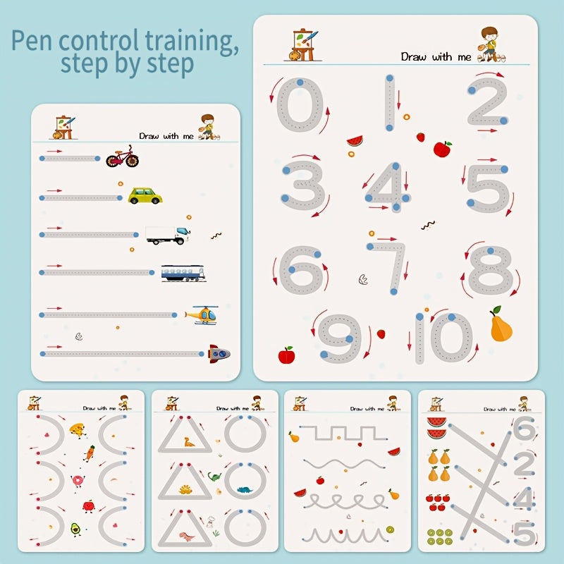 Cahiers d'écriture réutilisables pour enfants de 3 à 8 ans, lot de 4 livres, 128 pages, exercices de contrôle du stylo, lettres et chiffres, avec 4 stylos et une gomme, fournitures pour l'école à la maison et la classe