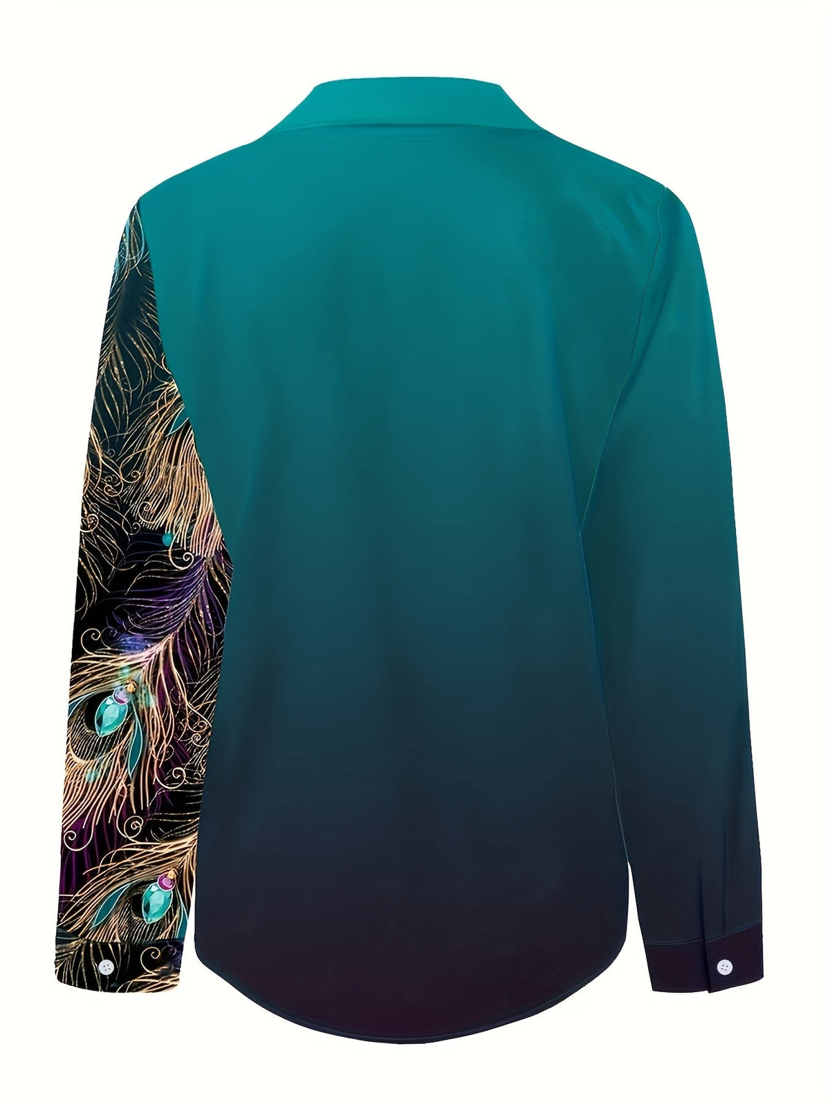 Chemisier élégant pour femme à imprimé paon et boutonnage sur le devant | Chemise en polyester tissé turquoise et doré à col classique pour le bureau, les fêtes et toute saison