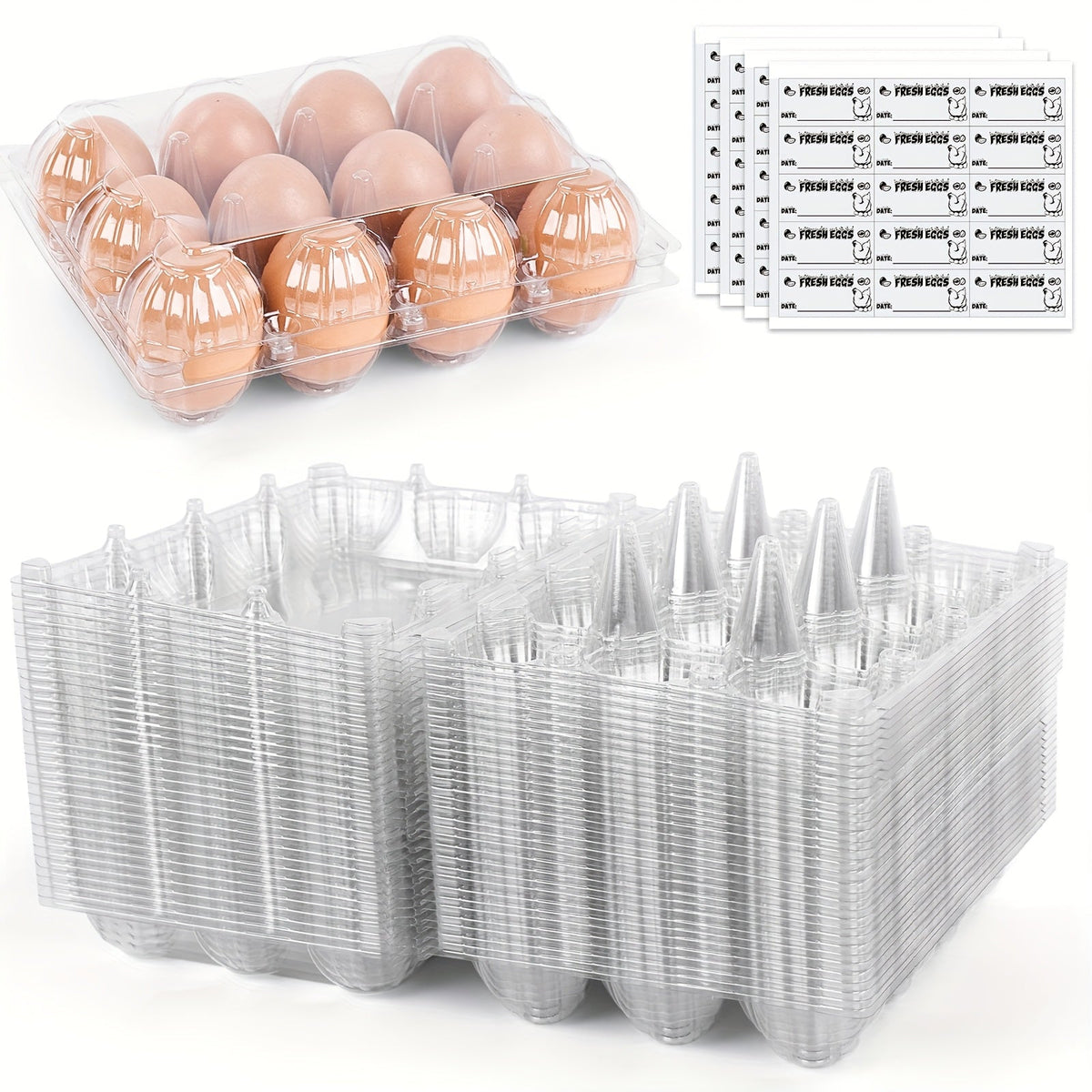 Lot de 60 boîtes à œufs transparentes en plastique, 12 alvéoles avec étiquettes – Boîtes à œufs en PET en gros pour la cuisine, l'élevage, la ferme avicole, le marché fermier et le stockage au réfrigérateur, capacité d'une douzaine d'œufs standard