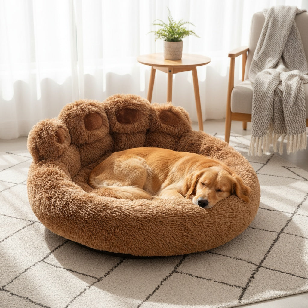 Panier rond pour chien et chat motif patte d’ours – Lit apaisant et doux pour animal de compagnie, antidérapant, chaud et confortable, petit, moyen, grand modèle, 50/60/70/90 cm, café/rose/gris
