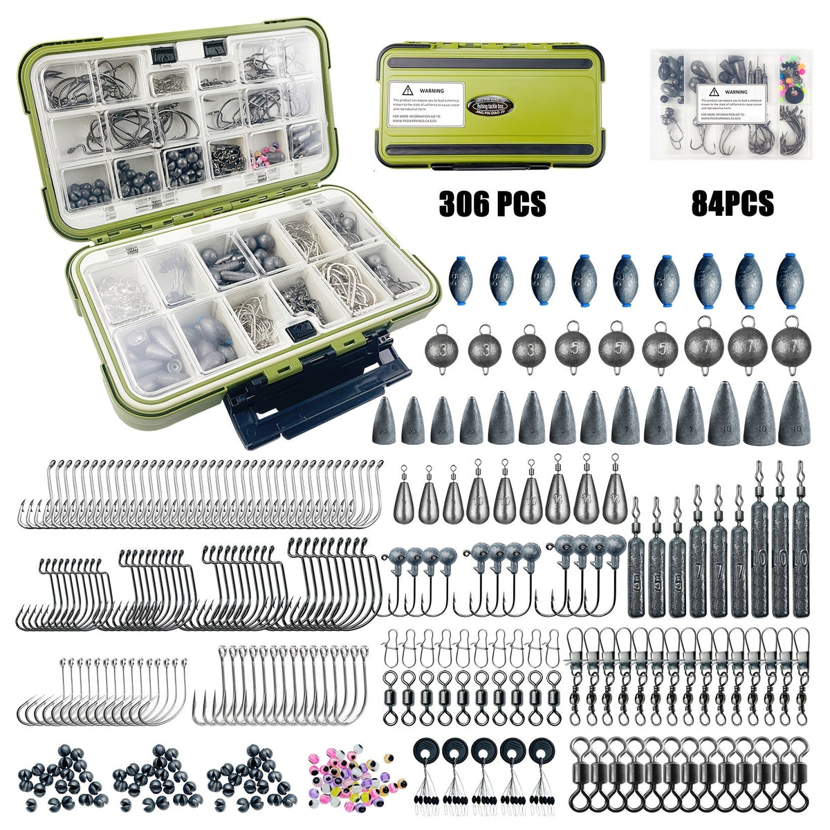 Kit de leurres de pêche 306 pcs et 84 pcs – Boîte de pêche complète avec hameçons, plombs, flotteurs, turluttes, perles, émerillons et agrafes | Ensemble d'accessoires de pêche en eau douce pour bar, truite et carpe