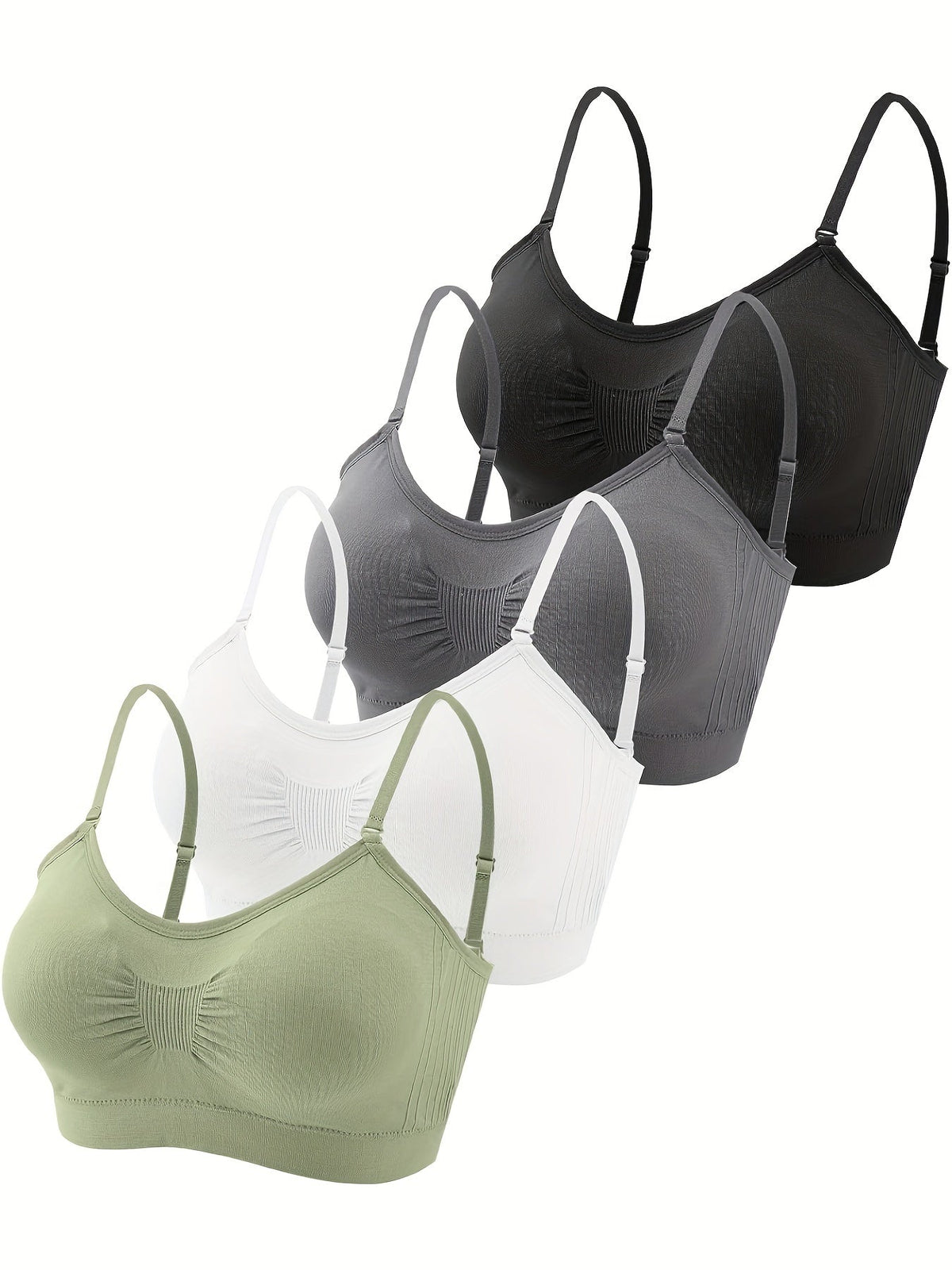 Lot de 4 brassières débardeurs à col en V avec coussinets – Soutien-gorge de sport sans armatures avec bretelles réglables pour femme, ensemble de brassières douces avec coussinets pour le quotidien, tailles S-XL, couleurs rouille, beige, vert, bleu