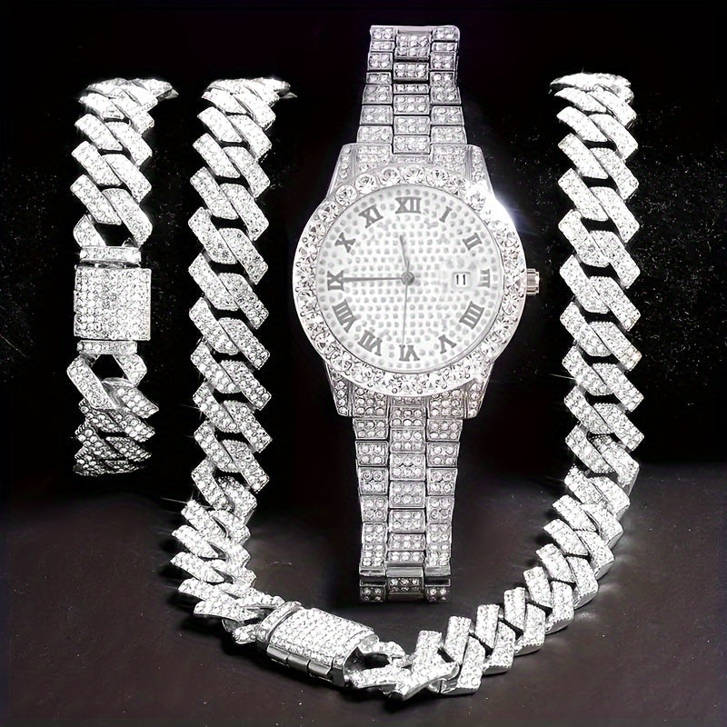 Ensemble de montre Hip Hop pour homme avec strass, chaîne cascade et collier – Parure de bijoux avec montre à quartz étincelante pour homme, 3 et 5 pièces, cadeau idéal pour les fêtes