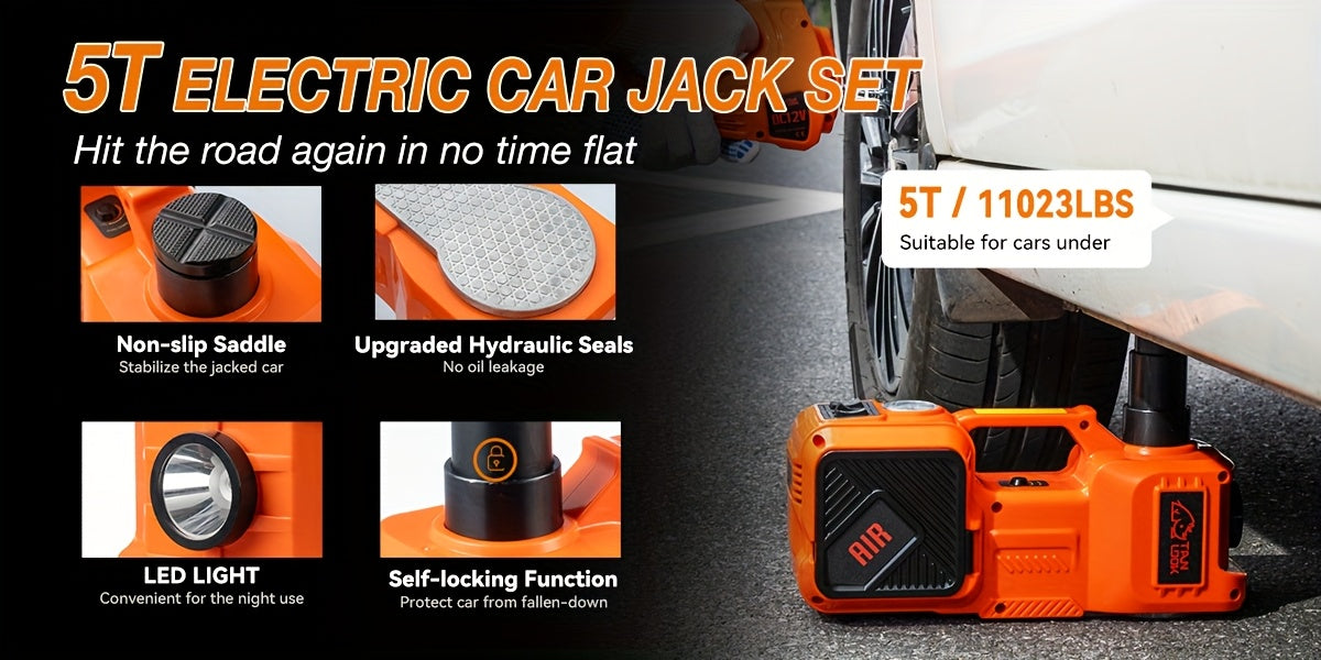 Cric hydraulique électrique de 5 tonnes avec pompe à air intégrée - Élévateur de voiture portable pour le remplacement des pneus de SUV, monospaces et camions, et entretien en garage, clé à chocs électrique en option, outil d'urgence routière