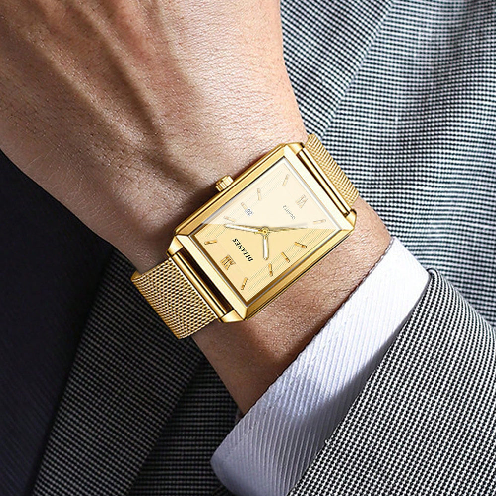 Ensemble montre à quartz et bijoux pour homme, 4 pièces – Montre à affichage de la date avec bracelet en acier inoxydable, collier, bracelet et bague, ensemble cadeau élégant décontracté chic pour homme, disponible en or, argent et noir