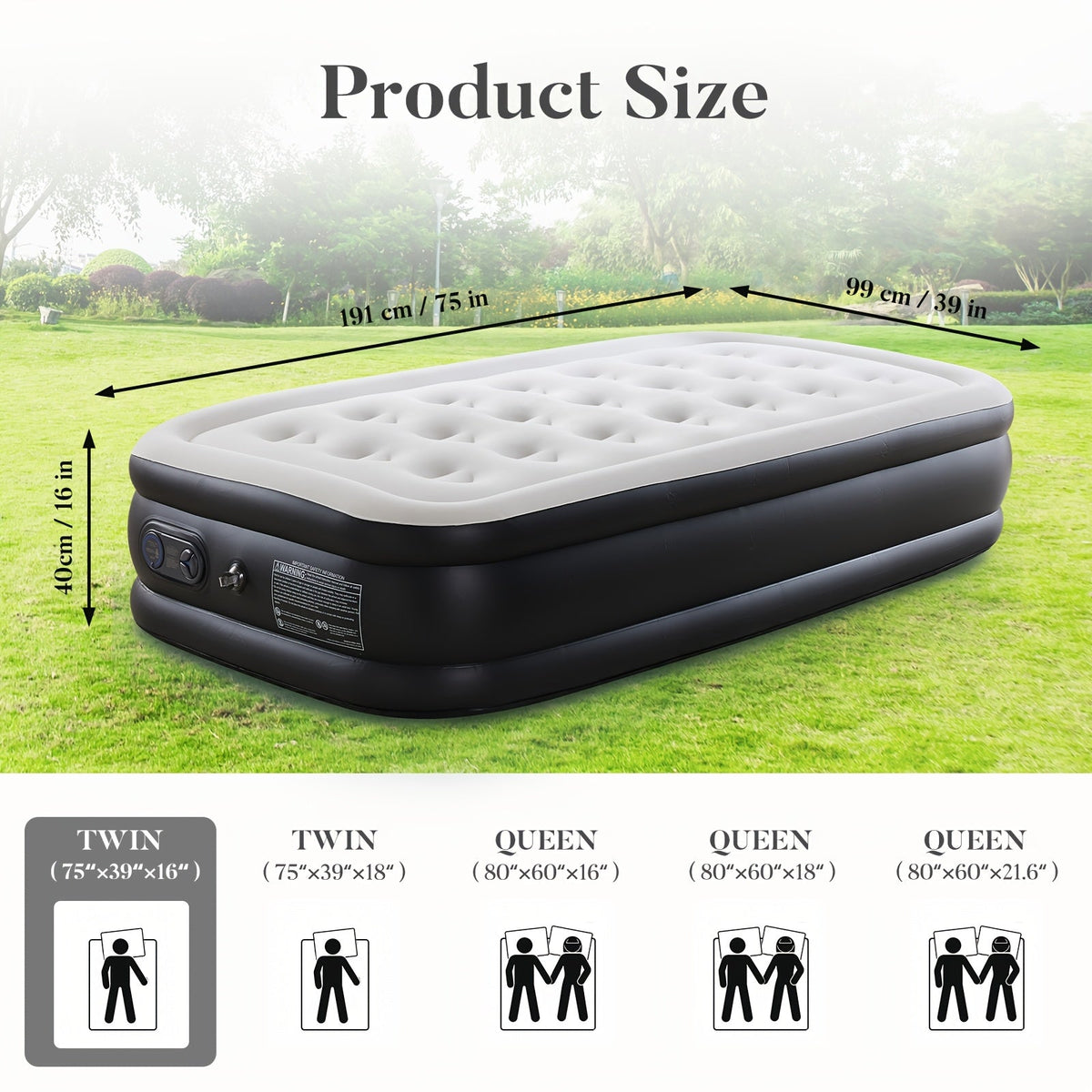 Matelas gonflable avec pompe intégrée – Lit d'appoint double hauteur de 40/46/53 cm d'épaisseur, capacité de 300 kg, base antidérapante – pour la maison, chambre d'amis, camping et usage extérieur