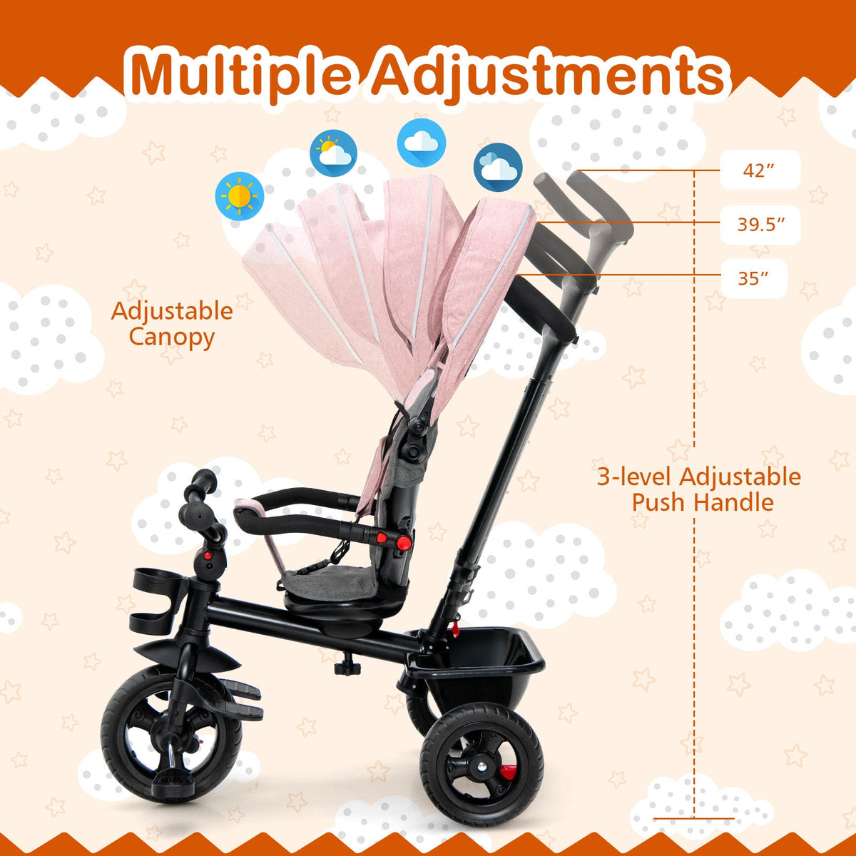 Tricycle 4-en-1 pour tout-petits avec poignée de poussée réglable et siège convertible, auvent amovible, harnais de sécurité et panier de rangement - Tricycle à pousser pour enfants de 18 à 60 mois, vélo rose à chevaucher pour filles