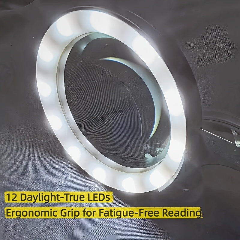 Loupe grossissante 10X avec 12 lumières LED – Grande loupe à main éclairée pour la lecture des seniors, les pièces de monnaie, les timbres, les bijoux et la réparation, loupe à éclairage LED lumineux – Noir