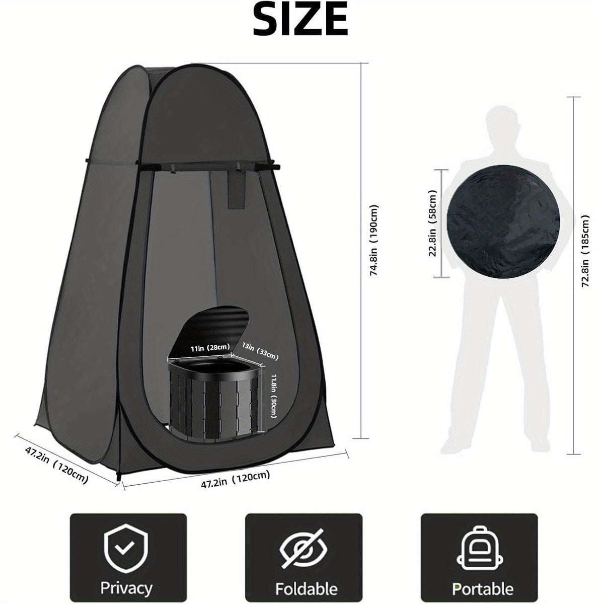 Toilettes de camping portables et tente d'intimité – Tente WC escamotable pour adultes avec 12 sacs, piquets de sol, cordes coupe-vent et tapis isolant, toilettes pliables pour le camping, les voyages et la randonnée