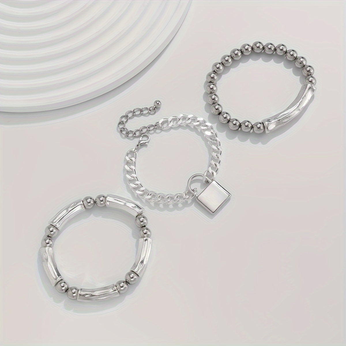 Lot de 3 bracelets punk en argent sterling 925 à perles avec pendentif cadenas – Bijou de poignet audacieux et empilable en argent pour femmes, hommes et ados, cadeau idéal pour les fêtes, festivals et au quotidien