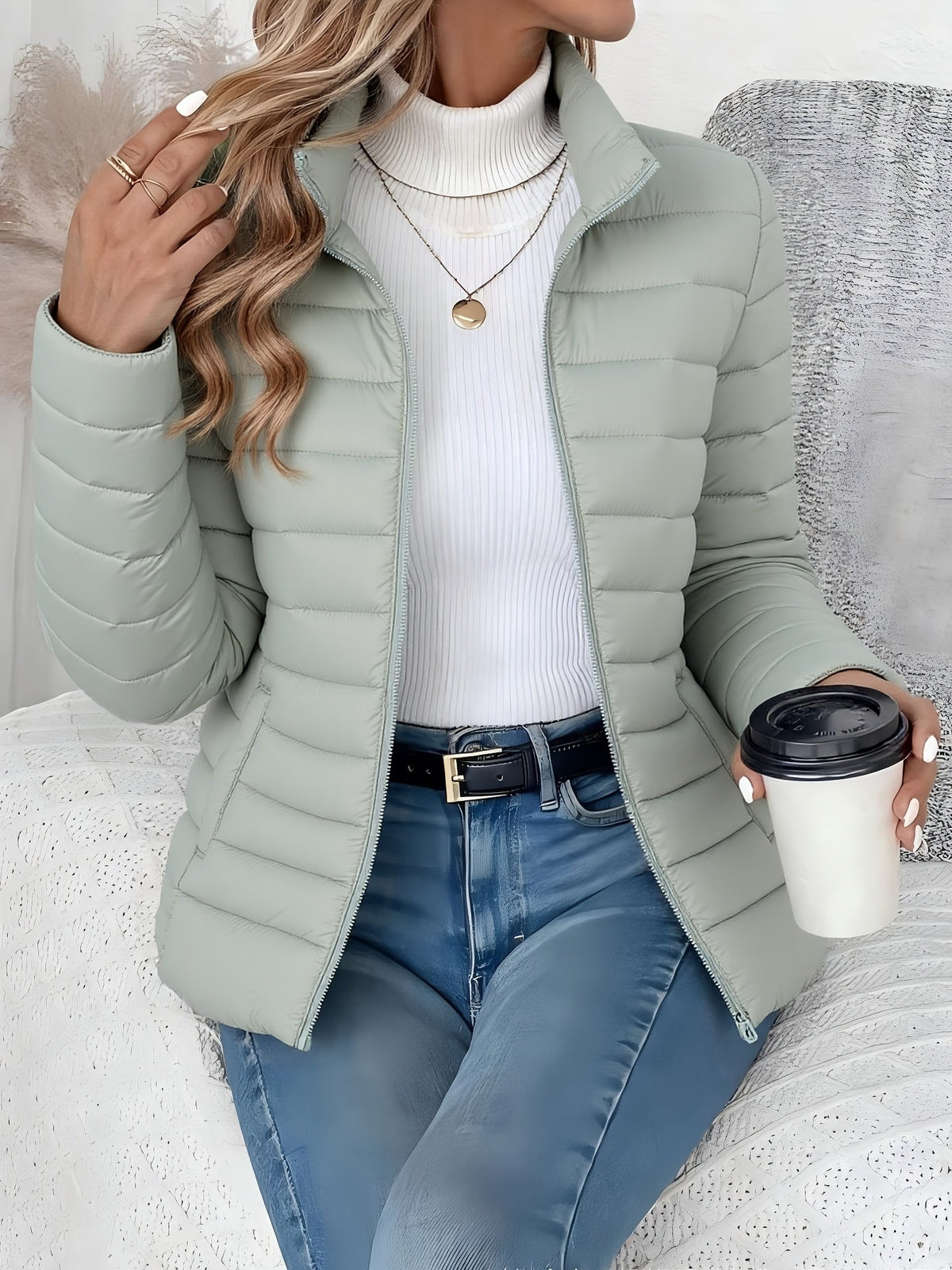 Doudoune matelassée légère pour femme, manteau rembourré à col montant, fermeture zippée, veste courte, coupe ajustée automne-hiver