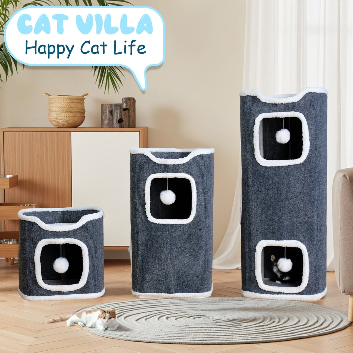 Arbre à chat pliable multi-niveaux pour chats d'intérieur – Griffoir, perchoir confortable, niche avec balle suspendue, refuge, panier douillet, options 1/3/4 étages