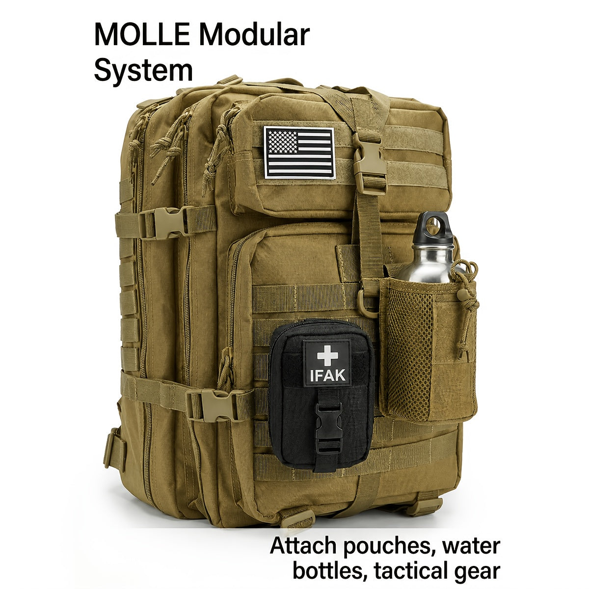 Sac à dos de randonnée tactique 45 L pour 3 jours – Sac multifonction pour le camping, le trekking et la chasse avec fermeture zippée, sac de sport durable pour hommes et femmes, noir, vert, kaki