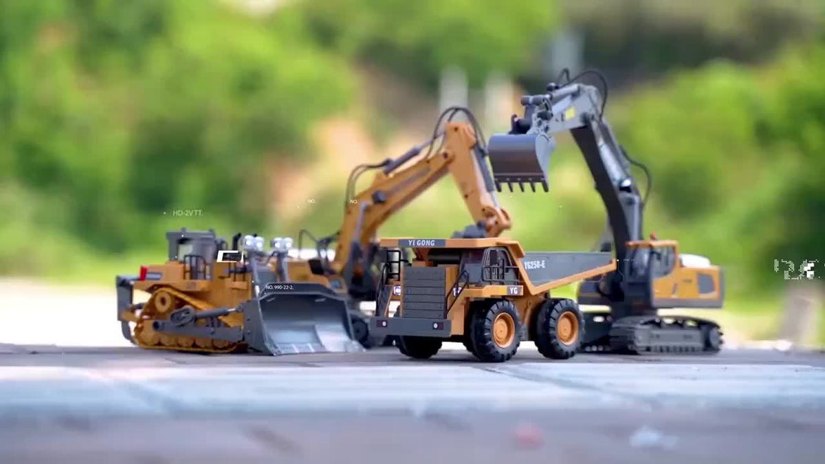 Ensemble de pelleteuse télécommandée avec pelle en métal, lumières LED, batterie 1200 mAh, camion de construction radiocommandé, bulldozer, camion à benne et chargeuse, cadeau d'anniversaire ou de Noël pour garçons à partir de 6 ans