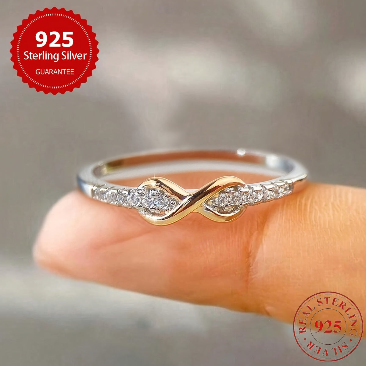 Bague « 8 chanceux » pour femme en argent sterling 925 – Incrustation de zircone cubique, design bicolore, anneau empilable élégant, tailles 5-10, bijou raffiné pour mariage et cadeau