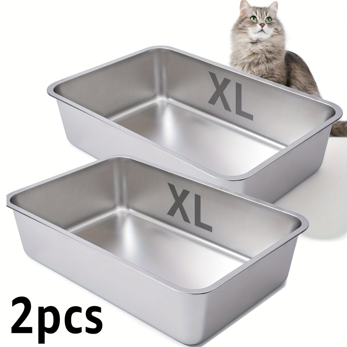 Bac à litière en acier inoxydable XL – Lot de 2 bacs en métal extra larges, bords hauts de 15 cm, facile à nettoyer, résistant aux odeurs, pour grands chats et foyers multi-chats, design rectangulaire adapté aux coins