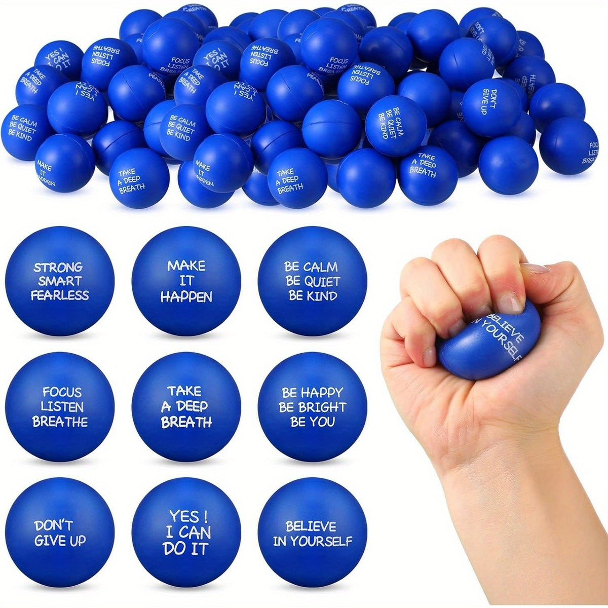 Lot de 18 ou 36 mini balles anti-stress avec citations motivantes de 4 cm, jouets à presser pour récompenses scolaires, cadeaux de fête, Pâques, printemps, rentrée des classes ou cadeaux d'équipe de bureau, rose, rouge, bleu, vert, jaune