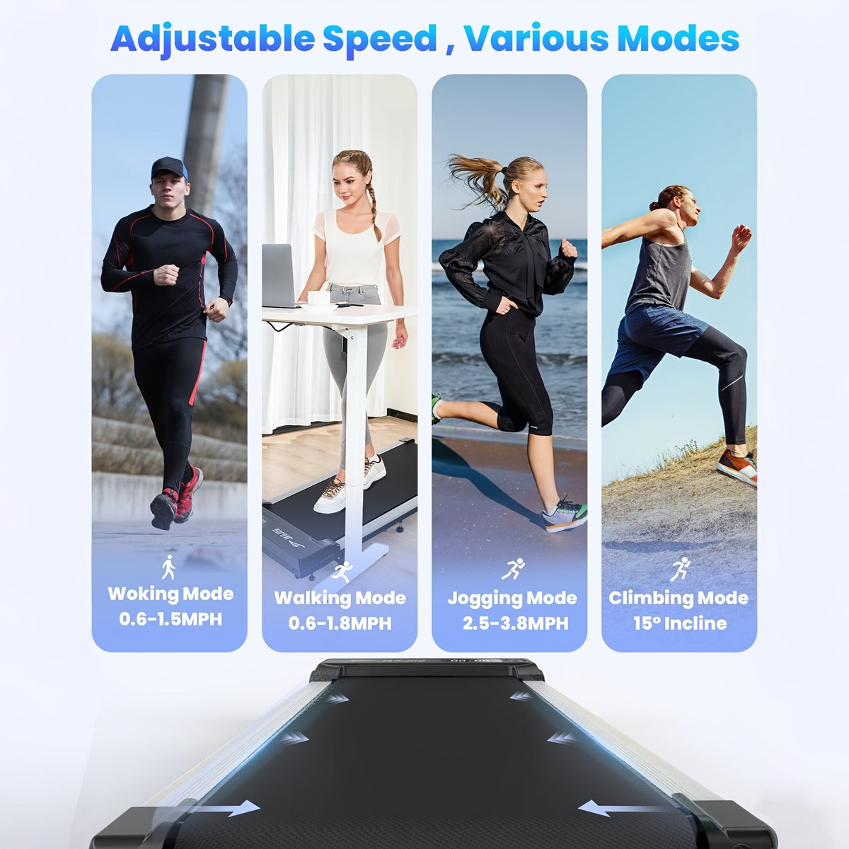 Tapis de marche sous bureau, moteur silencieux 2,5 HP, inclinaison 15 %, 4-en-1, capacité de 120 kg avec télécommande et écran LED - Tapis de course portable pour bureau à domicile, marche, jogging et perte de poids