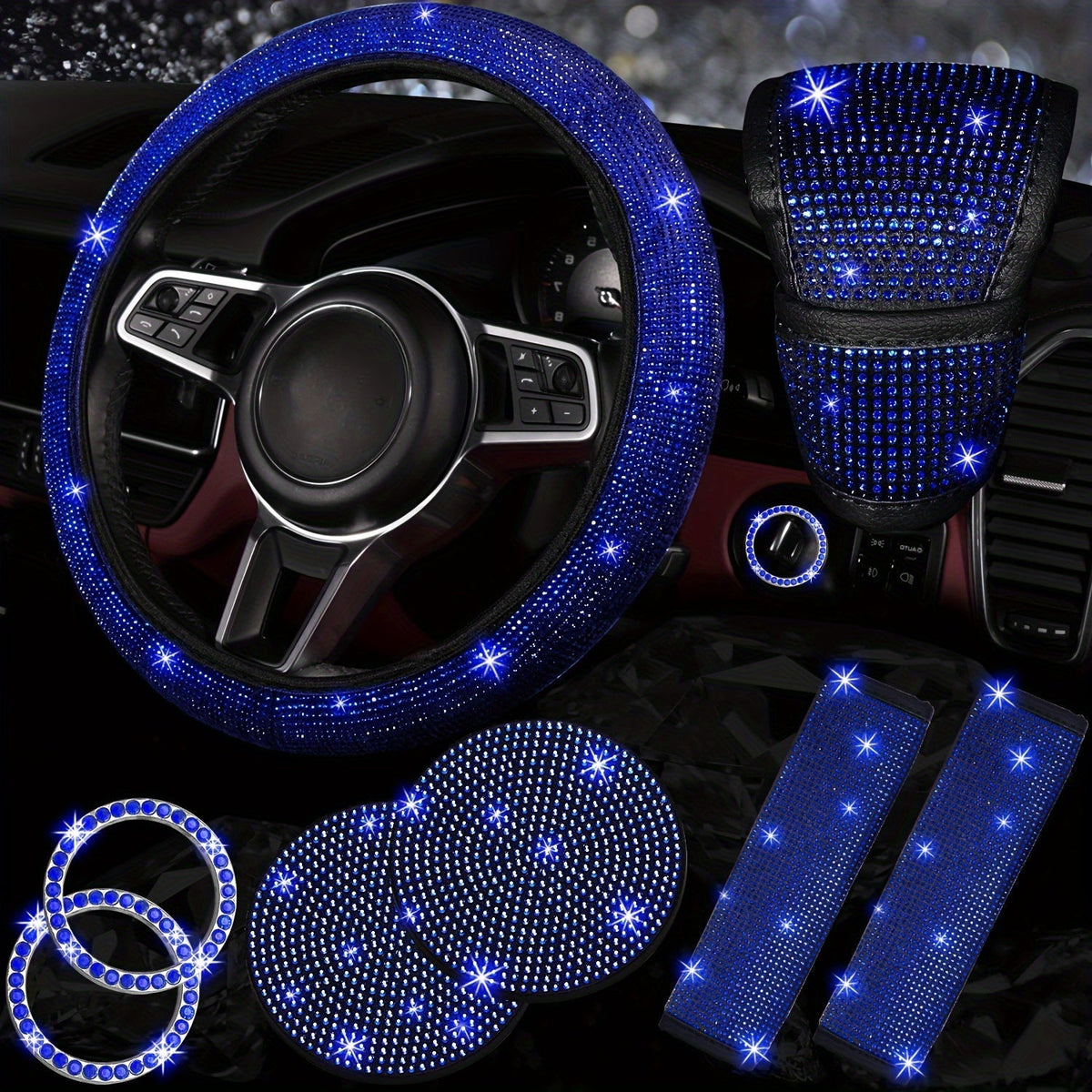 Ensemble d'accessoires de voiture 8 pièces en strass pour femme – Housse de volant, sous-verres, coussinets de ceinture de sécurité, anneaux de démarrage et housse de pommeau de levier de vitesse, 7 couleurs, kit intérieur à paillettes scintillantes