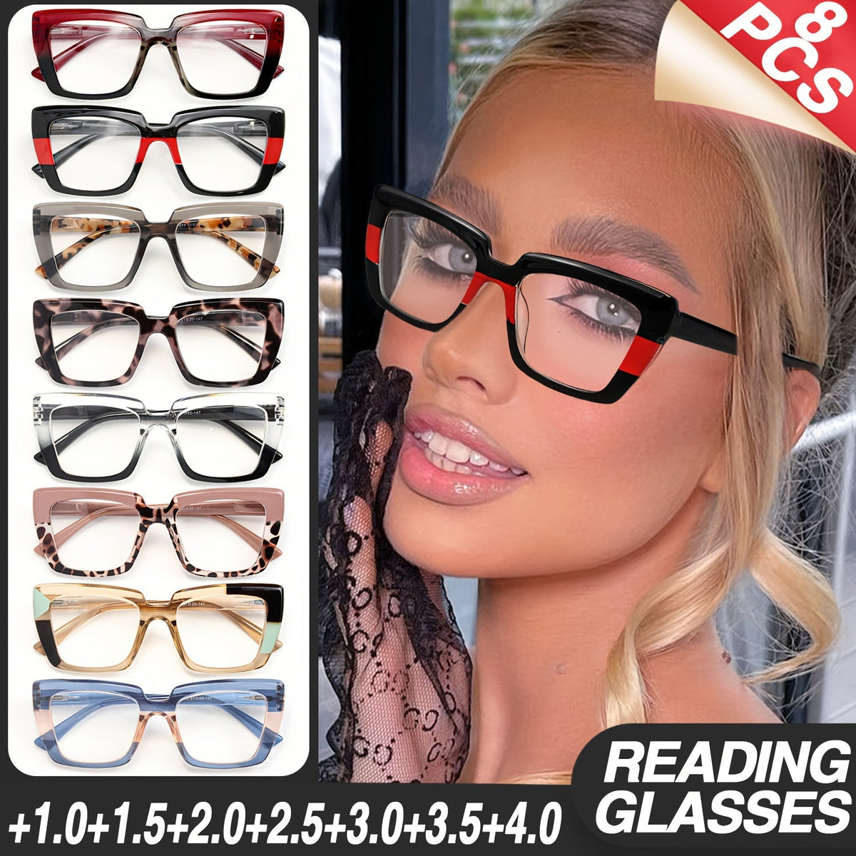 Lot de 8 paires de lunettes de lecture rétro rectangulaires pour femmes, design coloré, charnières à ressort, ajustement confortable, cadeau pour fête, vacances, Halloween, Noël, correction de +1,00 à +4,00