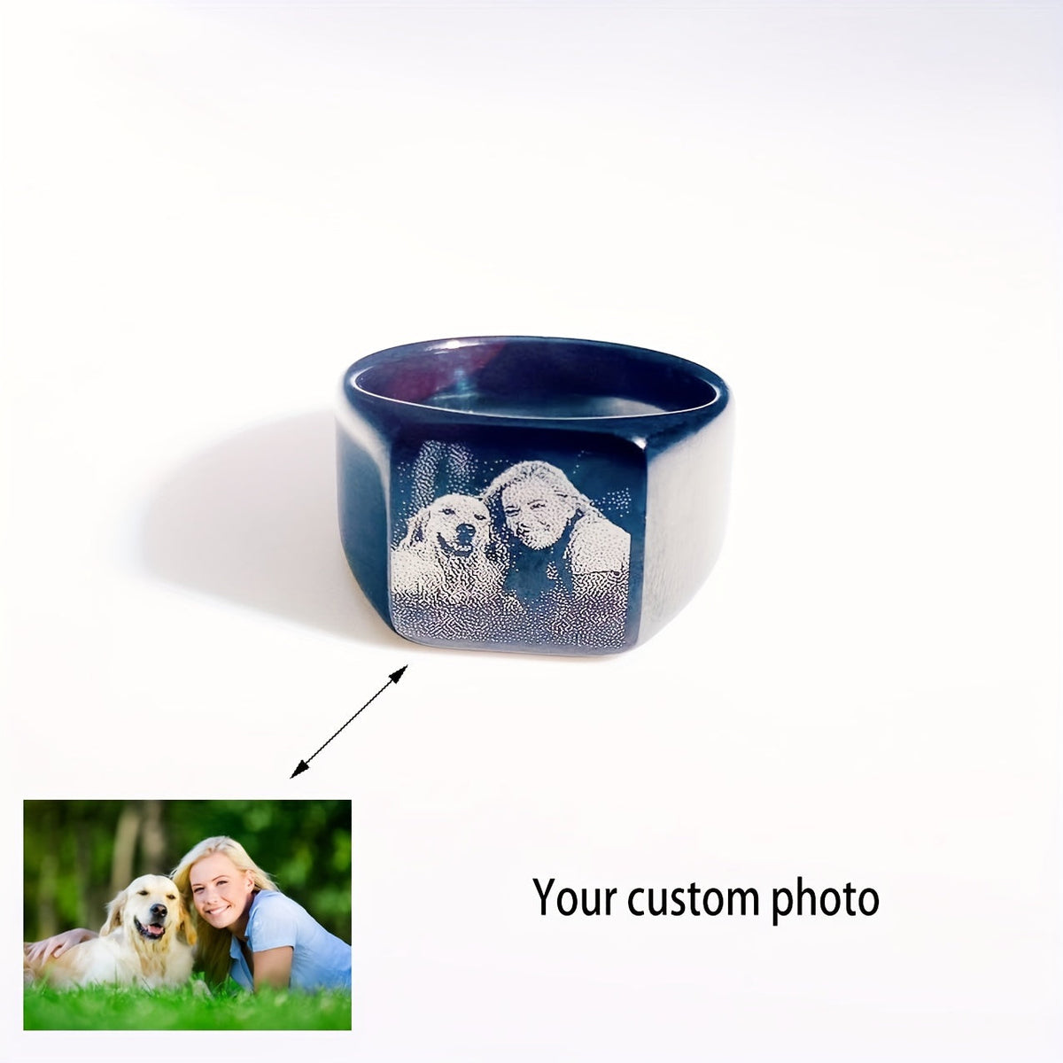Bague commémorative pour chien gravée au laser – Hommage personnalisé avec photo d'animal de compagnie, anneau carré en acier inoxydable, tailles unisexes 7–12, finition noire, bijou d'amitié commémoratif pour hommes et femmes