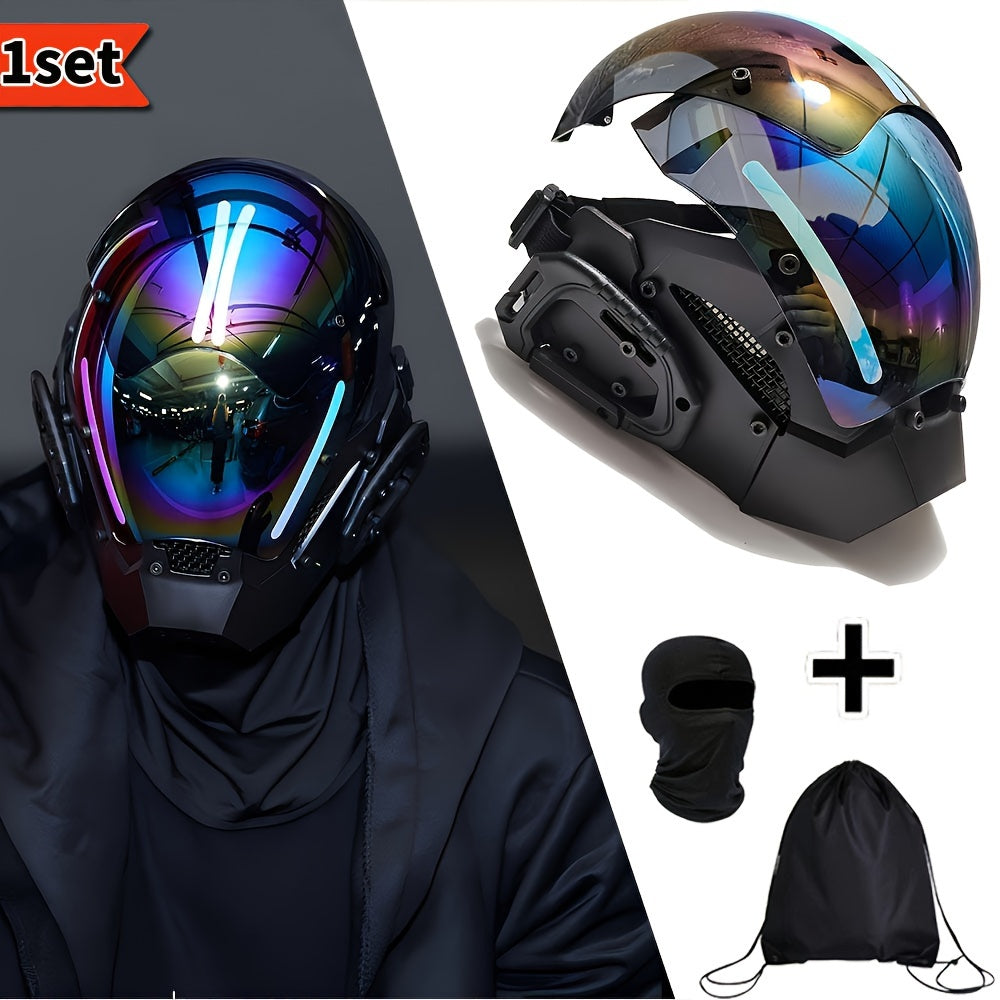 Ensemble masque mecha punk futuriste respirant, cagoule et sac à dos à cordon pour Halloween, cosplay, rave, festival, spectacle et photographie