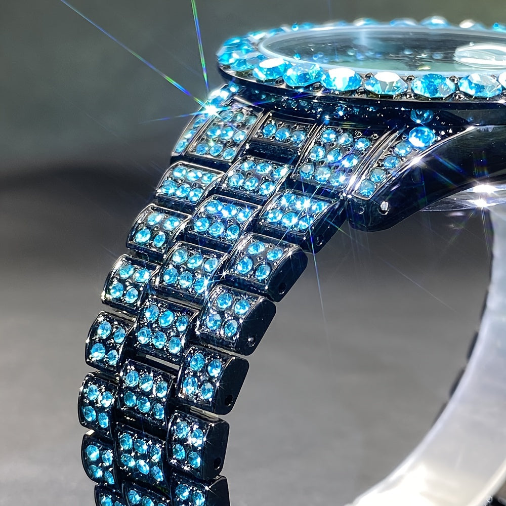 Ensemble de montres pour couples avec strass, mouvement à quartz de luxe, calendrier, affichage lumineux pour hommes et femmes, montre cadeau de mode pour fête avec strass rouges et bleu glacier