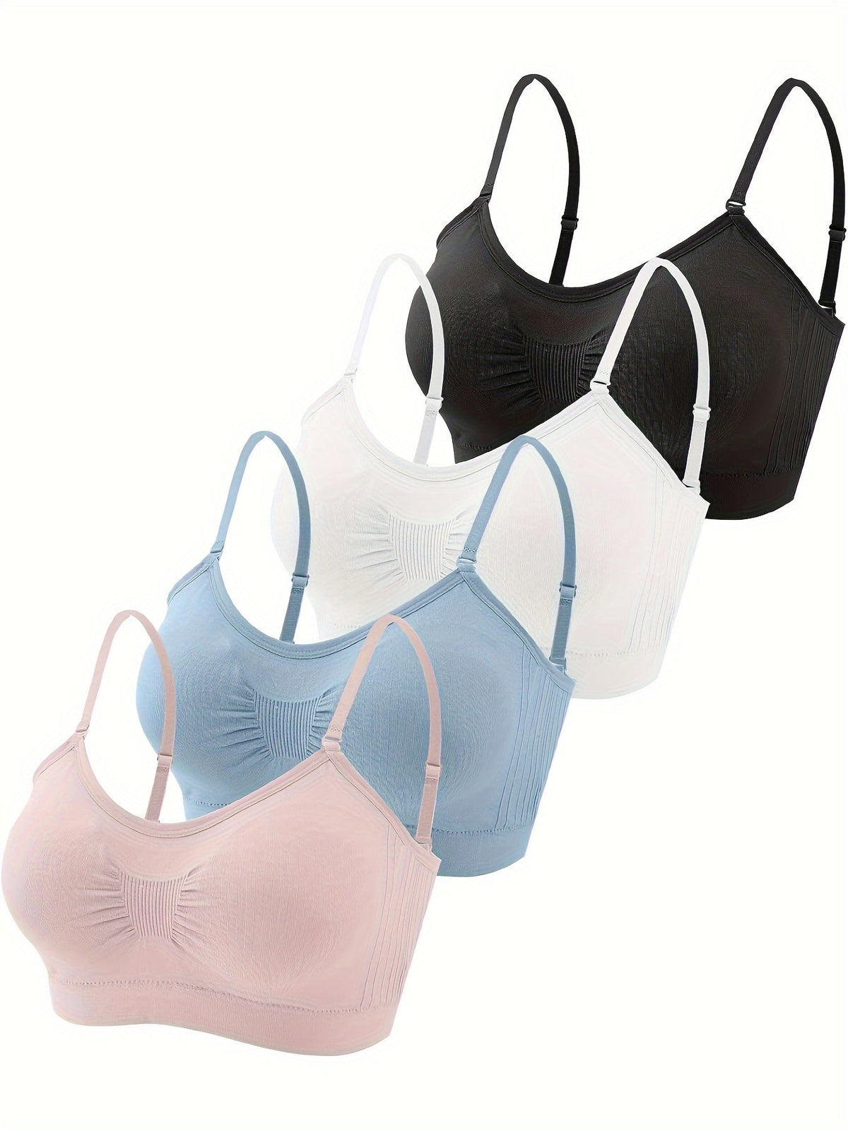 Lot de 4 brassières débardeurs à col en V avec coussinets – Soutien-gorge de sport sans armatures avec bretelles réglables pour femme, ensemble de brassières douces avec coussinets pour le quotidien, tailles S-XL, couleurs rouille, beige, vert, bleu