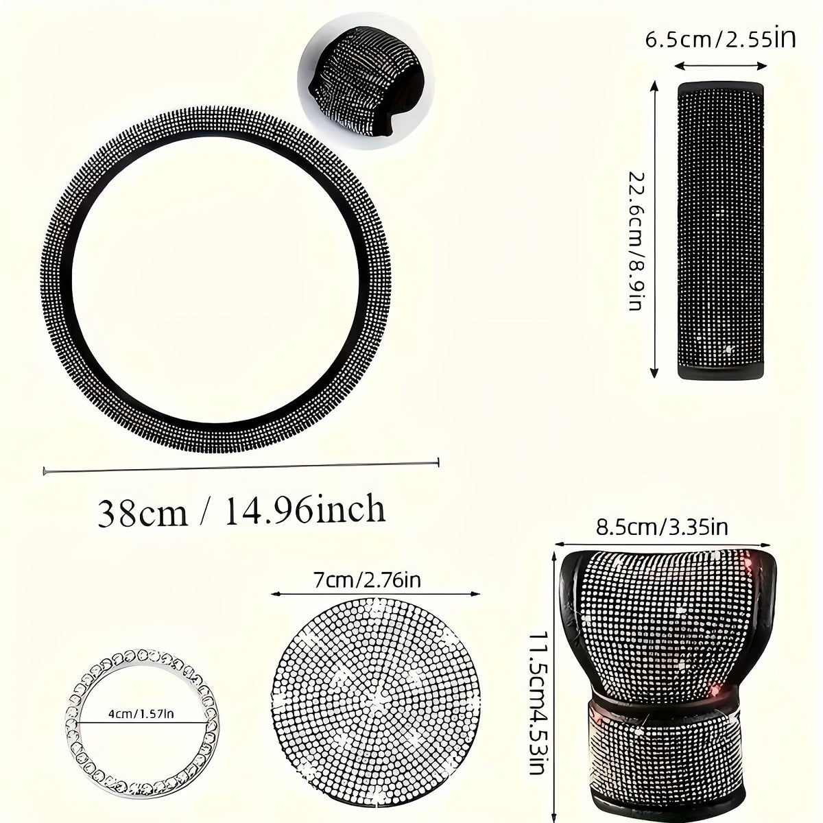 Ensemble d'accessoires de voiture 8 pièces en strass pour femme – Housse de volant, sous-verres, coussinets de ceinture de sécurité, anneaux de démarrage et housse de pommeau de levier de vitesse, 7 couleurs, kit intérieur à paillettes scintillantes