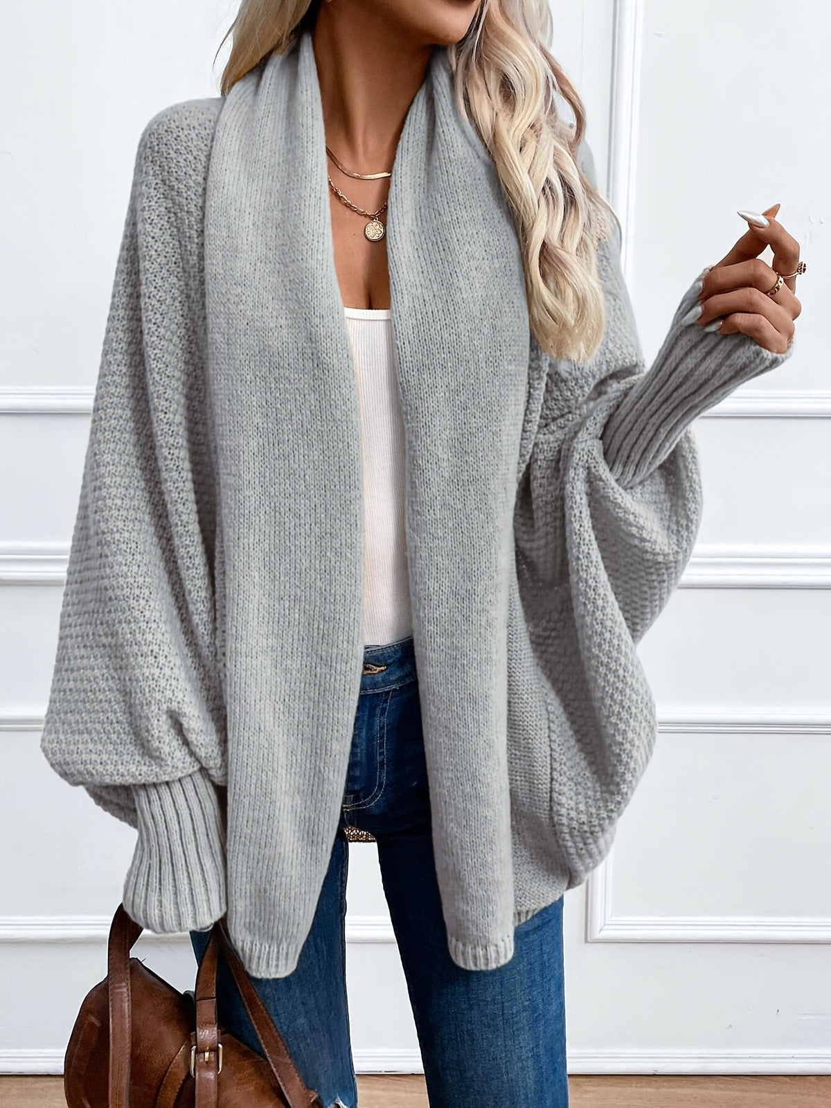 Cardigan femme à manches chauve-souris, col châle ouvert, pull manteau en maille ample – Veste légère unie couleur kaki