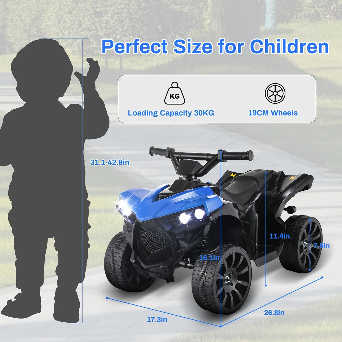 Quad électrique pour enfants avec phares, accélérateur à pédale, pneus tout-terrain antidérapants, capacité de 25 kg, vitesse de 3 km/h, jouet à enfourcher pour garçons et filles de 3 à 6 ans, cadeau d'anniversaire et de Noël, bleu, noir, rose, rouge